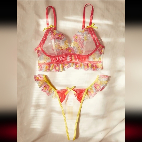 2 For $40 NEW! New! Floral Lace Lingerie Set in Pink and Yellow Size XL - Picture 3 of 5